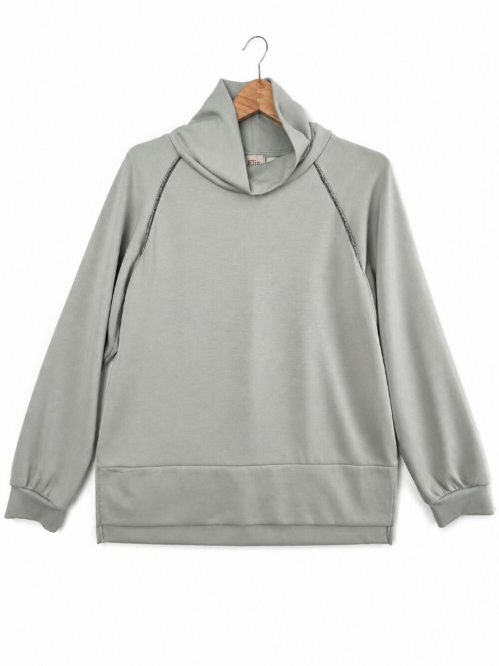 Elie Tahari Sage Green Cowl Neck Pullover Top Size L Silver Trim Stretch